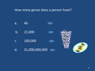 How many genes does a person have?

a.

46

b.

21,000

c.

100,000

d.

31,000,000,000

22

 