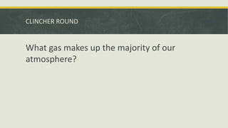 CLINCHER ROUND
What gas makes up the majority of our
atmosphere?
 