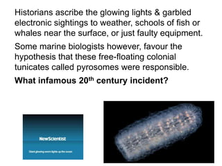 Historians ascribe the glowing lights & garbled
electronic sightings to weather, schools of fish or
whales near the surface, or just faulty equipment.
Some marine biologists however, favour the
hypothesis that these free-floating colonial
tunicates called pyrosomes were responsible.
What infamous 20th century incident?
 