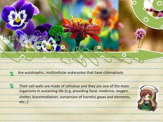 Are autotrophic, multicellular eukaryotes that have chloroplasts
Their cell walls are made of cellulose and they are one of the main
organisms in sustaining life (e.g. providing food, medicine, oxygen,
shelter, bioremediation, conversion of harmful gases and elements,
etc…)
 