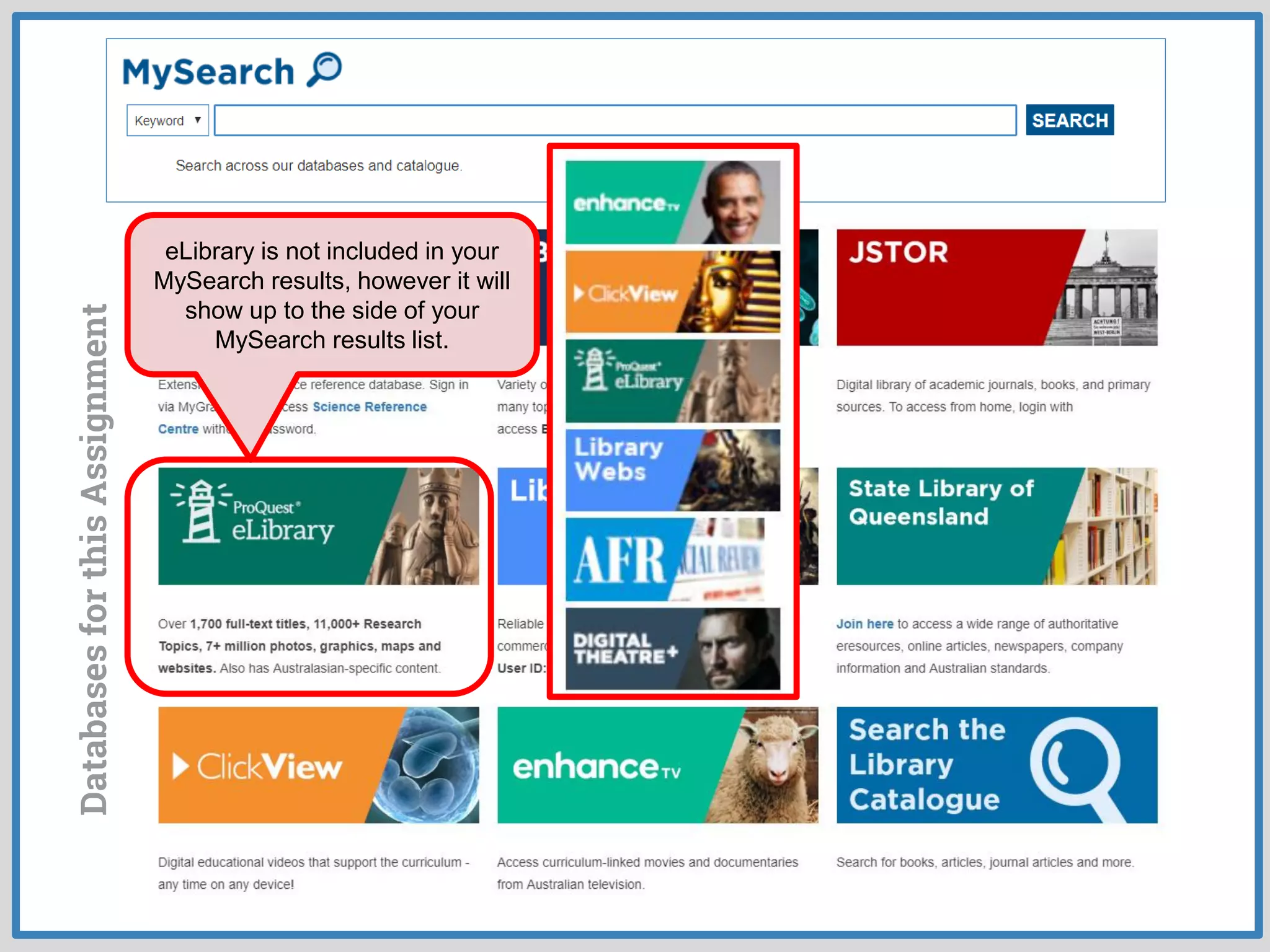 DatabasesforthisAssignment
eLibrary is not included in your
MySearch results, however it will
show up to the side of your
MySearch results list.
 