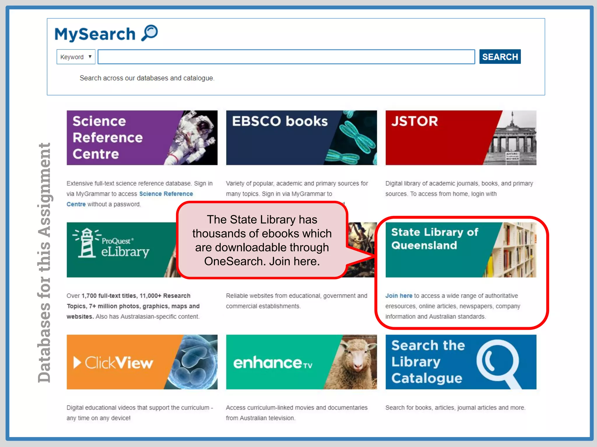 DatabasesforthisAssignment
The State Library has
thousands of ebooks which
are downloadable through
OneSearch. Join here.
The State Library has
thousands of ebooks which
are downloadable through
OneSearch. Join here.
 