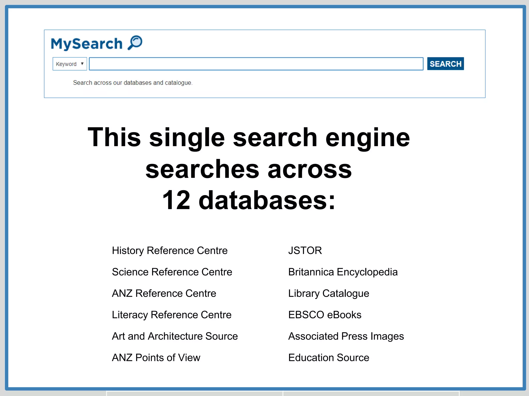 This single search engine
searches across
12 databases:
History Reference Centre JSTOR
Science Reference Centre Britannica Encyclopedia
ANZ Reference Centre Library Catalogue
Literacy Reference Centre EBSCO eBooks
Art and Architecture Source Associated Press Images
ANZ Points of View Education Source
 