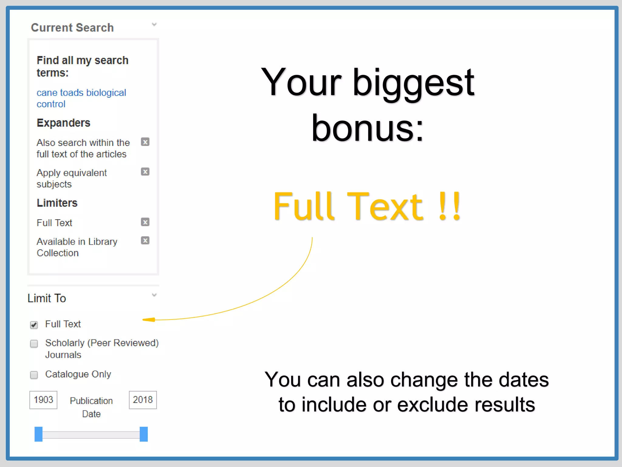 You can also change the dates
to include or exclude results
Your biggest
bonus:
Full Text !!
 
