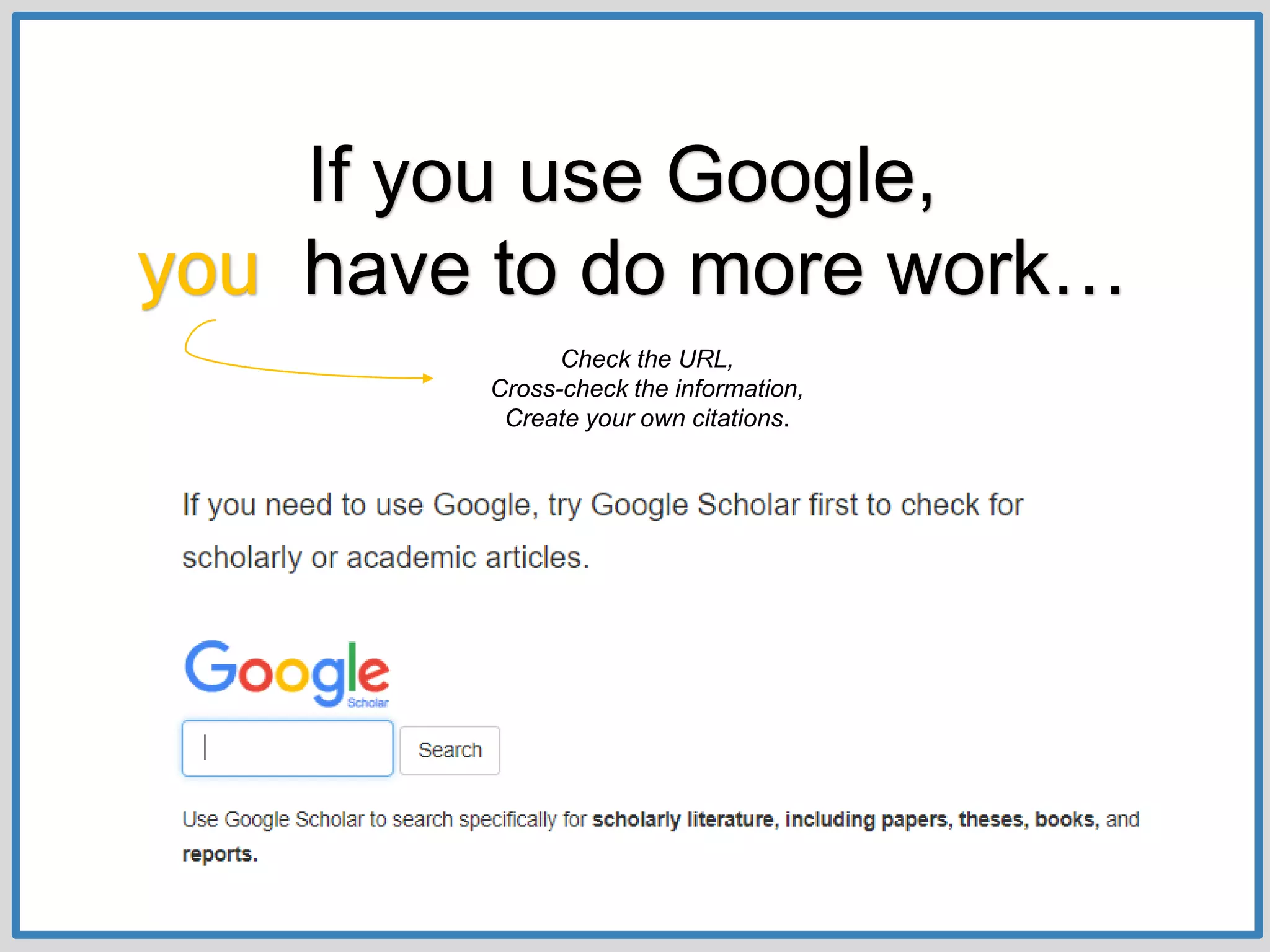 If you use Google,
you have to do more work…
Check the URL,
Cross-check the information,
Create your own citations.
 