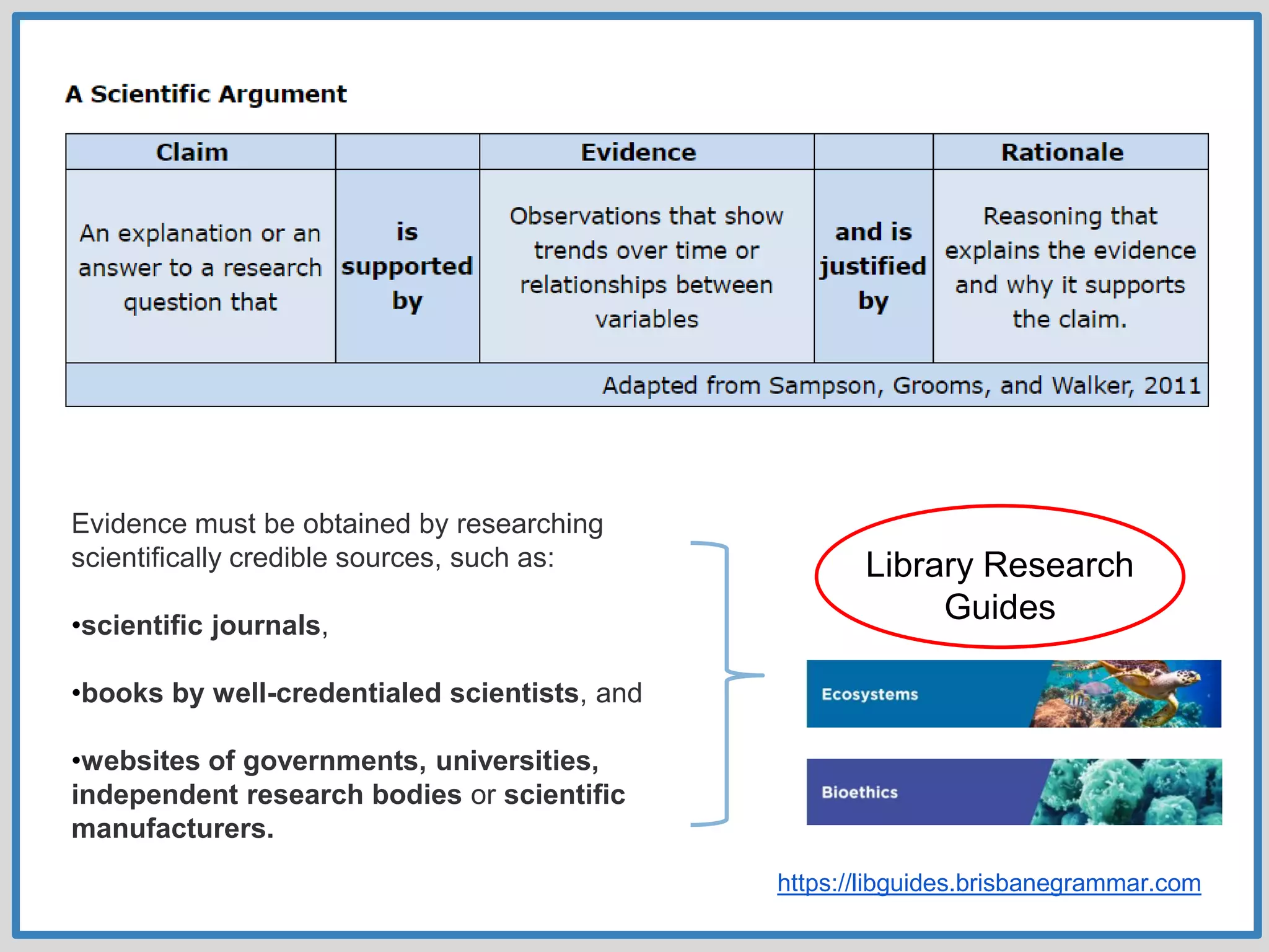 Evidence must be obtained by researching
scientifically credible sources, such as:
•scientific journals,
•books by well-credentialed scientists, and
•websites of governments, universities,
independent research bodies or scientific
manufacturers.
Library Research
Guides
https://libguides.brisbanegrammar.com
 