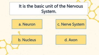 is It is the basic unit of the Nervous
System.
a. Neuron
b. Nucleus
c. Nerve System
d. Axon
 