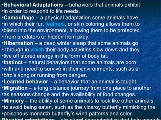 Show Answer Behavioral Adaptations –  behaviors that animals exhibit  in order to respond to life needs. Camouflage  – a physical adaptation some animals have  in which their fur,  feathers , or skin coloring allows them to  blend into the environment, allowing them to be protected from predators or hidden from prey. Hibernation  – a deep winter sleep that some animals go through in  which  their body activities slow down and they  live off stored energy in the form of body fat. Instinct  – natural behaviors that some animals are born  with and need to survive in their environments, such as a  bird’s song or running from danger. Learned behavior  – a behavior that an animal is taught. Migration  – a long distance journey from one place to another  as seasons change and the availability of food changes. Mimicry  – the ability of some animals to look like other animals  to avoid being eaten, such as the viceroy butterfly mimicking the  poisonous monarch butterfly’s wind patterns and color. Physical adaptations –  structural characteristics that help animals  survive in their environments.   