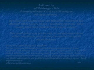 End It Authored by Jeff Ertzberger - 2004 University of North Carolina at Wilmington All rights reserved. All Clipart and Sounds Copyright Microsoft PowerPoint and Microsoft Office Gallery Online – All Rights Reserved.  Some images have been modified from original version. This presentation may not be sold, or redistributed without written permission, and may only be used for non-profit educational use. Using and Distributing this Template You are free to use this template in non-profit educational settings.  If you improve it, I ask that you send it back to me with your improvements so that I can share it with others.  You will be given credit for your improvements.  If your improvements include media such as: clip art, pictures, sounds, etc be sure that you obtain permission to use and distribute those before sending it to me.  Send improvements to: [email_address] 