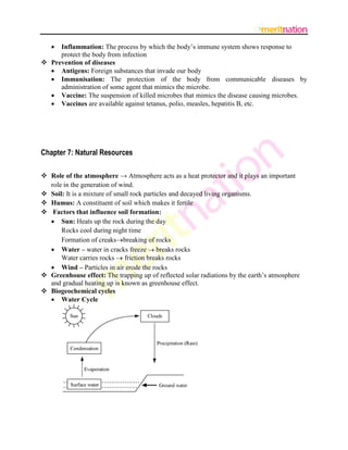  Inflammation: The process by which the body’s immune system shows response to
     protect the body from infection
 Prevention of diseases
   Antigens: Foreign substances that invade our body
   Immunisation: The protection of the body from communicable diseases by
     administration of some agent that mimics the microbe.
   Vaccine: The suspension of killed microbes that mimics the disease causing microbes.
   Vaccines are available against tetanus, polio, measles, hepatitis B, etc.




Chapter 7: Natural Resources

 Role of the atmosphere → Atmosphere acts as a heat protector and it plays an important
  role in the generation of wind.
 Soil: It is a mixture of small rock particles and decayed living organisms.
 Humus: A constituent of soil which makes it fertile
 Factors that influence soil formation:
   Sun: Heats up the rock during the day
      Rocks cool during night time
      Formation of creaksbreaking of rocks
   Water – water in cracks freeze  breaks rocks
      Water carries rocks  friction breaks rocks
   Wind – Particles in air erode the rocks
 Greenhouse effect: The trapping up of reflected solar radiations by the earth’s atmosphere
  and gradual heating up is known as greenhouse effect.
 Biogeochemical cycles
   Water Cycle
 