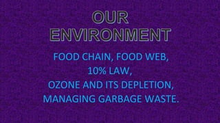 FOOD CHAIN, FOOD WEB,
10% LAW,
OZONE AND ITS DEPLETION,
MANAGING GARBAGE WASTE.
 