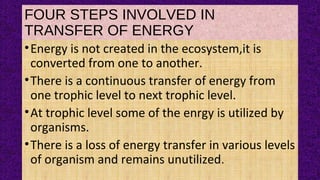 FOUR STEPS INVOLVED IN
TRANSFER OF ENERGY
•Energy is not created in the ecosystem,it is
converted from one to another.
•There is a continuous transfer of energy from
one trophic level to next trophic level.
•At trophic level some of the enrgy is utilized by
organisms.
•There is a loss of energy transfer in various levels
of organism and remains unutilized.
 