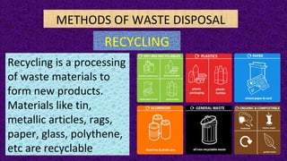 METHODS OF WASTE DISPOSAL
RECYCLING
Recycling is a processing
of waste materials to
form new products.
Materials like tin,
metallic articles, rags,
paper, glass, polythene,
etc are recyclable
 