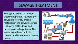 SEWAGE TREATMENT
Sewage is carried to sewage
treatment plant STPs. Here the
sewage is filtered, organic
materials in the sewage sewage
is allowed settle down and
decompose in large tanks. The
water from these tanks is
cleaned and is released to water
bodies.
 