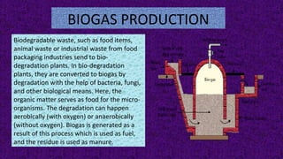 BIOGAS PRODUCTION
Biodegradable waste, such as food items,
animal waste or industrial waste from food
packaging industries send to bio-
degradation plants. In bio-degradation
plants, they are converted to biogas by
degradation with the help of bacteria, fungi,
and other biological means. Here, the
organic matter serves as food for the micro-
organisms. The degradation can happen
aerobically (with oxygen) or anaerobically
(without oxygen). Biogas is generated as a
result of this process which is used as fuel,
and the residue is used as manure.
 