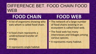 DIFFERENCE BET. FOOD CHAIN FOOD
WEB
FOOD CHAIN
• A list of organisms showing who
eats whom is called food chain.
• A food chain represents a
unidirectional transfer of
energy.
• It represents single habitat.
FOOD WEB
• The network of a large number
of food chains existing in an
ecosystem is called food web.
• The food web has many
intersrosses and linkages among
various species.
• It represents many habitat.
 