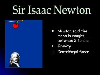 Newton said the moon is caught between 2 forces: Gravity Centrifugal force Sir Isaac Newton 