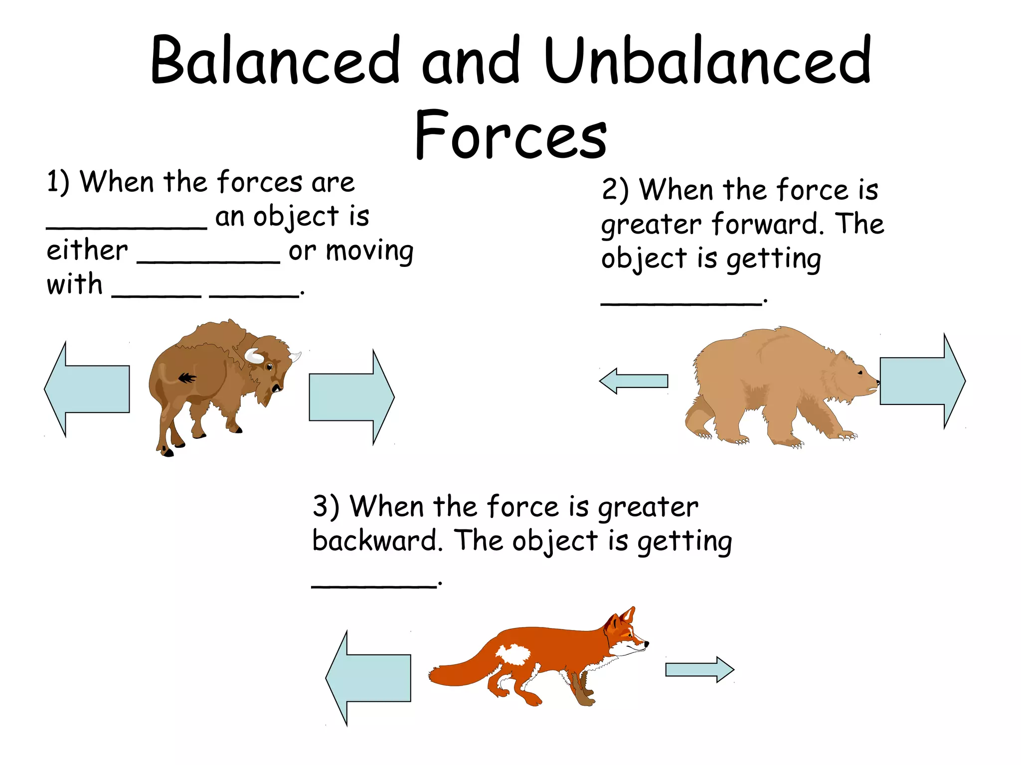 Balanced and Unbalanced
Forces
1) When the forces are
_________ an object is
either ________ or moving
with _____ _____.
2) When the force is
greater forward. The
object is getting
_________.
3) When the force is greater
backward. The object is getting
_______.
 