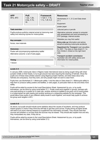 Task 21 Motorcycle safety – DRAFT                                                                                       Teacher sheet




              APP                         PoS                          Framework         Resources
              AF2, AF3                    1.2a, 1.2b,                  1.1a3.1, 1.1b,    Worksheets 21.1, 21.2 and Data sheet
                                          2.2a, 3.1b,                  1.1c, 1.2f, 4.2   21.1.
                                          4c
                                                                                         Equipment:
                                                                                         poster paper
              Task overview                                                              coloured pens or pencils
              Pupils produce publicity material aimed at improving road                  Alternative outcome: access to computer
              safety and reducing injuries for motorcyclists.                            with spreadsheet and word processing or
                                                                                         DTP package, internet access
                                                                                         Websites you may find useful:
              Key concepts
                                                                                         Shiny side up information and advice
              forces, new materials
                                                                                         aimed at reducing motorcycle accidents.
                                                                                         Department for Transport road casualties
              Outcomes                                                                   for 2007. The data on Data sheet 21.1 is
              Poster with accompanying explanatory leaflet                               from Article 4, linked on the right hand
                                                                                         side.
              Alternative outcome: a set of web pages.
                                                                                         Transport accident commission
                                                                                         Australian site with safety advice and
              Timing                                                                     information for motorcyclists.
              1 lesson


             Levels 3–5
             In January 2009, motorcycle riders in Nigeria made international news by being caught riding with dried
             pumpkin shells on their heads, to try to get around new laws requiring the wearing of helmets. Show the
             pupils one of these news articles (search using Nigeria pumpkin helmet), and elicit ideas about why
             helmets are compulsory, how they work, and why people might not want to wear them.
             Pupils then use Worksheet 21.1 Motorcycle safety 1 and the data on Data sheet 21.1 Motorcycle safety to
             help them to produce safety posters and leaflets, or web pages, to persuade riders to ride and dress more
             safely.
             Pupils will be aided by access to the Level Descriptions Sheet. Assessment by you, or by pupils
             themselves, can be done by using Level ladder 21.1. Pupils could work together in groups, perhaps with
             one pupil working on a poster for a crash site, another working on leaflets to be given out to motorcyclists
             in a supermarket car park nearby and another working on a supporting website for the campaign. This
             would allow three pupils of very different ability levels to work together, and would help pupils to achieve
             the group work targets in AF3.


              Levels 5–8
              As above, but pupils should include some statistics about the causes of accidents, and may produce
              biased graphs or charts if they think this will help to get their point across. Pupils aiming at higher levels
              will need to do some internet research to supplement the information provided. They should note their
              sources and whether or not they think the sources may be biased. They should also explain how and why
              they manipulated any data, if they did so.
              Pupils will be aided by access to the Level Descriptions Sheet. Assessment by you, or by pupils
              themselves, can be done by using Level ladder 21.2.




© Pearson Education Ltd 2009. KS3 Science Assessing Pupils’ Progress
This document may have been altered from the original                                                                                1/1
 