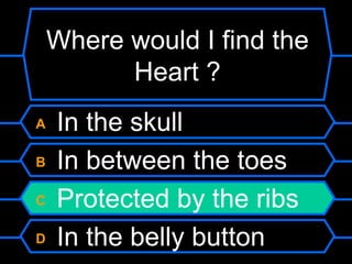 Where would I find the Heart ? A  In the skull B  In between the toes C  Protected by the ribs D  In the belly button 