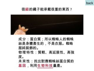 back 很 細 的繩子能承載很重的東西 ? 成分 ：蛋白質；所以蜘蛛人的蜘蛛絲是身體產生的，不是衣服。蜘蛛服純裝飾的。 物理特性 ：質輕、高延展性、高強度。 未來性 ：找出對應蜘蛛絲蛋白質的 基因 ，利用 生物科技 量產。 