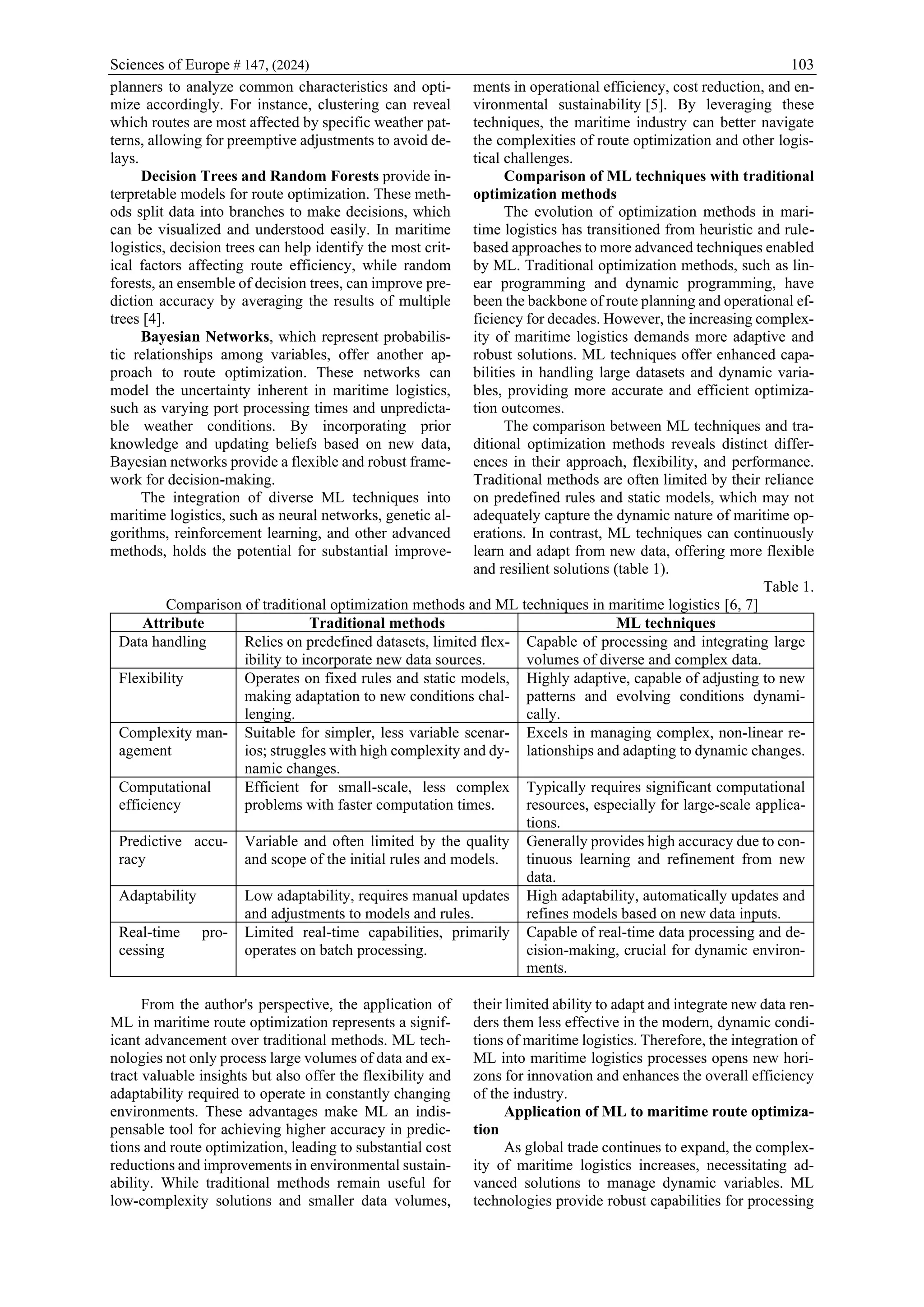Sciences of Europe # 147, (2024) 103
planners to analyze common characteristics and opti-
mize accordingly. For instance, clustering can reveal
which routes are most affected by specific weather pat-
terns, allowing for preemptive adjustments to avoid de-
lays.
Decision Trees and Random Forests provide in-
terpretable models for route optimization. These meth-
ods split data into branches to make decisions, which
can be visualized and understood easily. In maritime
logistics, decision trees can help identify the most crit-
ical factors affecting route efficiency, while random
forests, an ensemble of decision trees, can improve pre-
diction accuracy by averaging the results of multiple
trees [4].
Bayesian Networks, which represent probabilis-
tic relationships among variables, offer another ap-
proach to route optimization. These networks can
model the uncertainty inherent in maritime logistics,
such as varying port processing times and unpredicta-
ble weather conditions. By incorporating prior
knowledge and updating beliefs based on new data,
Bayesian networks provide a flexible and robust frame-
work for decision-making.
The integration of diverse ML techniques into
maritime logistics, such as neural networks, genetic al-
gorithms, reinforcement learning, and other advanced
methods, holds the potential for substantial improve-
ments in operational efficiency, cost reduction, and en-
vironmental sustainability [5]. By leveraging these
techniques, the maritime industry can better navigate
the complexities of route optimization and other logis-
tical challenges.
Comparison of ML techniques with traditional
optimization methods
The evolution of optimization methods in mari-
time logistics has transitioned from heuristic and rule-
based approaches to more advanced techniques enabled
by ML. Traditional optimization methods, such as lin-
ear programming and dynamic programming, have
been the backbone of route planning and operational ef-
ficiency for decades. However, the increasing complex-
ity of maritime logistics demands more adaptive and
robust solutions. ML techniques offer enhanced capa-
bilities in handling large datasets and dynamic varia-
bles, providing more accurate and efficient optimiza-
tion outcomes.
The comparison between ML techniques and tra-
ditional optimization methods reveals distinct differ-
ences in their approach, flexibility, and performance.
Traditional methods are often limited by their reliance
on predefined rules and static models, which may not
adequately capture the dynamic nature of maritime op-
erations. In contrast, ML techniques can continuously
learn and adapt from new data, offering more flexible
and resilient solutions (table 1).
Table 1.
Comparison of traditional optimization methods and ML techniques in maritime logistics [6, 7]
Attribute Traditional methods ML techniques
Data handling Relies on predefined datasets, limited flex-
ibility to incorporate new data sources.
Capable of processing and integrating large
volumes of diverse and complex data.
Flexibility Operates on fixed rules and static models,
making adaptation to new conditions chal-
lenging.
Highly adaptive, capable of adjusting to new
patterns and evolving conditions dynami-
cally.
Complexity man-
agement
Suitable for simpler, less variable scenar-
ios; struggles with high complexity and dy-
namic changes.
Excels in managing complex, non-linear re-
lationships and adapting to dynamic changes.
Computational
efficiency
Efficient for small-scale, less complex
problems with faster computation times.
Typically requires significant computational
resources, especially for large-scale applica-
tions.
Predictive accu-
racy
Variable and often limited by the quality
and scope of the initial rules and models.
Generally provides high accuracy due to con-
tinuous learning and refinement from new
data.
Adaptability Low adaptability, requires manual updates
and adjustments to models and rules.
High adaptability, automatically updates and
refines models based on new data inputs.
Real-time pro-
cessing
Limited real-time capabilities, primarily
operates on batch processing.
Capable of real-time data processing and de-
cision-making, crucial for dynamic environ-
ments.
From the author's perspective, the application of
ML in maritime route optimization represents a signif-
icant advancement over traditional methods. ML tech-
nologies not only process large volumes of data and ex-
tract valuable insights but also offer the flexibility and
adaptability required to operate in constantly changing
environments. These advantages make ML an indis-
pensable tool for achieving higher accuracy in predic-
tions and route optimization, leading to substantial cost
reductions and improvements in environmental sustain-
ability. While traditional methods remain useful for
low-complexity solutions and smaller data volumes,
their limited ability to adapt and integrate new data ren-
ders them less effective in the modern, dynamic condi-
tions of maritime logistics. Therefore, the integration of
ML into maritime logistics processes opens new hori-
zons for innovation and enhances the overall efficiency
of the industry.
Application of ML to maritime route optimiza-
tion
As global trade continues to expand, the complex-
ity of maritime logistics increases, necessitating ad-
vanced solutions to manage dynamic variables. ML
technologies provide robust capabilities for processing
 