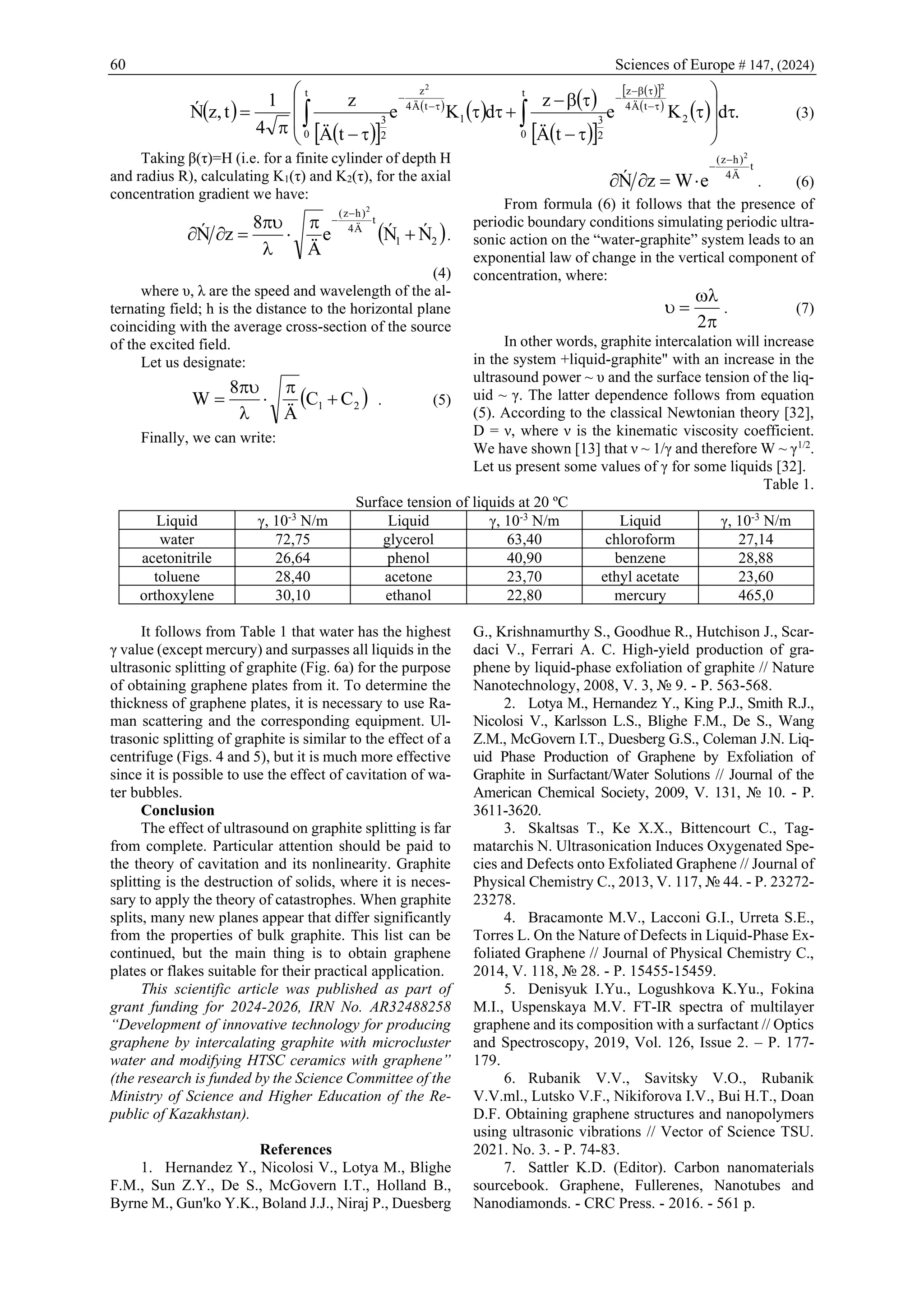60 Sciences of Europe # 147, (2024)
( )
( )
 
( )
( ) ( )
( )
 
( )
 
( )
( ) .
4
1
, 2
4
0 2
3
1
4
0 2
3
2
2











−


−
+



−

= 
−


−
−

−
−

 d
K
e
t
Ä
z
d
K
e
t
Ä
z
t
z
Ń t
Ä
z
t
t
Ä
z
t
(3)
Taking β(τ)=H (i.e. for a finite cylinder of depth H
and radius R), calculating K1(τ) and K2(τ), for the axial
concentration gradient we have:
( )
2
1
4
)
( 2
8
Ń
Ń
e
Ä
z
Ń
t
Ä
h
z
+




=


−
−
.
(4)
where υ, λ are the speed and wavelength of the al-
ternating field; h is the distance to the horizontal plane
coinciding with the average cross-section of the source
of the excited field.
Let us designate:
( )
2
1
8
C
C
Ä
W +




= . (5)
Finally, we can write:
t
Ä
h
z
e
W
z
Ń 4
)
( 2
−
−

=

 . (6)
From formula (6) it follows that the presence of
periodic boundary conditions simulating periodic ultra-
sonic action on the “water-graphite” system leads to an
exponential law of change in the vertical component of
concentration, where:


=

2
. (7)
In other words, graphite intercalation will increase
in the system +liquid-graphite" with an increase in the
ultrasound power ~ υ and the surface tension of the liq-
uid ~ γ. The latter dependence follows from equation
(5). According to the classical Newtonian theory [32],
D = ν, where ν is the kinematic viscosity coefficient.
We have shown [13] that ν ~ 1/γ and therefore W ~ γ1/2
.
Let us present some values of γ for some liquids [32].
Table 1.
Surface tension of liquids at 20 ºС
Liquid γ, 10-3
N/m Liquid γ, 10-3
N/m Liquid γ, 10-3
N/m
water 72,75 glycerol 63,40 chloroform 27,14
acetonitrile 26,64 phenol 40,90 benzene 28,88
toluene 28,40 acetone 23,70 ethyl acetate 23,60
orthoxylene 30,10 ethanol 22,80 mercury 465,0
It follows from Table 1 that water has the highest
γ value (except mercury) and surpasses all liquids in the
ultrasonic splitting of graphite (Fig. 6a) for the purpose
of obtaining graphene plates from it. To determine the
thickness of graphene plates, it is necessary to use Ra-
man scattering and the corresponding equipment. Ul-
trasonic splitting of graphite is similar to the effect of a
centrifuge (Figs. 4 and 5), but it is much more effective
since it is possible to use the effect of cavitation of wa-
ter bubbles.
Conclusion
The effect of ultrasound on graphite splitting is far
from complete. Particular attention should be paid to
the theory of cavitation and its nonlinearity. Graphite
splitting is the destruction of solids, where it is neces-
sary to apply the theory of catastrophes. When graphite
splits, many new planes appear that differ significantly
from the properties of bulk graphite. This list can be
continued, but the main thing is to obtain graphene
plates or flakes suitable for their practical application.
This scientific article was published as part of
grant funding for 2024-2026, IRN No. AR32488258
“Development of innovative technology for producing
graphene by intercalating graphite with microcluster
water and modifying HTSC ceramics with graphene”
(the research is funded by the Science Committee of the
Ministry of Science and Higher Education of the Re-
public of Kazakhstan).
References
1. Hernandez Y., Nicolosi V., Lotya M., Blighe
F.M., Sun Z.Y., De S., McGovern I.T., Holland B.,
Byrne M., Gun'ko Y.K., Boland J.J., Niraj P., Duesberg
G., Krishnamurthy S., Goodhue R., Hutchison J., Scar-
daci V., Ferrari A. C. High-yield production of gra-
phene by liquid-phase exfoliation of graphite // Nature
Nanotechnology, 2008, V. 3, № 9. - P. 563-568.
2. Lotya M., Hernandez Y., King P.J., Smith R.J.,
Nicolosi V., Karlsson L.S., Blighe F.M., De S., Wang
Z.M., McGovern I.T., Duesberg G.S., Coleman J.N. Liq-
uid Phase Production of Graphene by Exfoliation of
Graphite in Surfactant/Water Solutions // Journal of the
American Chemical Society, 2009, V. 131, № 10. - P.
3611-3620.
3. Skaltsas T., Ke X.X., Bittencourt C., Tag-
matarchis N. Ultrasonication Induces Oxygenated Spe-
cies and Defects onto Exfoliated Graphene // Journal of
Physical Chemistry C., 2013, V. 117, № 44. - P. 23272-
23278.
4. Bracamonte M.V., Lacconi G.I., Urreta S.E.,
Torres L. On the Nature of Defects in Liquid-Phase Ex-
foliated Graphene // Journal of Physical Chemistry C.,
2014, V. 118, № 28. - P. 15455-15459.
5. Denisyuk I.Yu., Logushkova K.Yu., Fokina
M.I., Uspenskaya M.V. FT-IR spectra of multilayer
graphene and its composition with a surfactant // Optics
and Spectroscopy, 2019, Vol. 126, Issue 2. – P. 177-
179.
6. Rubanik V.V., Savitsky V.O., Rubanik
V.V.ml., Lutsko V.F., Nikiforova I.V., Bui H.T., Doan
D.F. Obtaining graphene structures and nanopolymers
using ultrasonic vibrations // Vector of Science TSU.
2021. No. 3. - P. 74-83.
7. Sattler K.D. (Editor). Сarbon nanomaterials
sourcebook. Graphene, Fullerenes, Nanotubes and
Nanodiamonds. - CRC Press. - 2016. - 561 р.
 