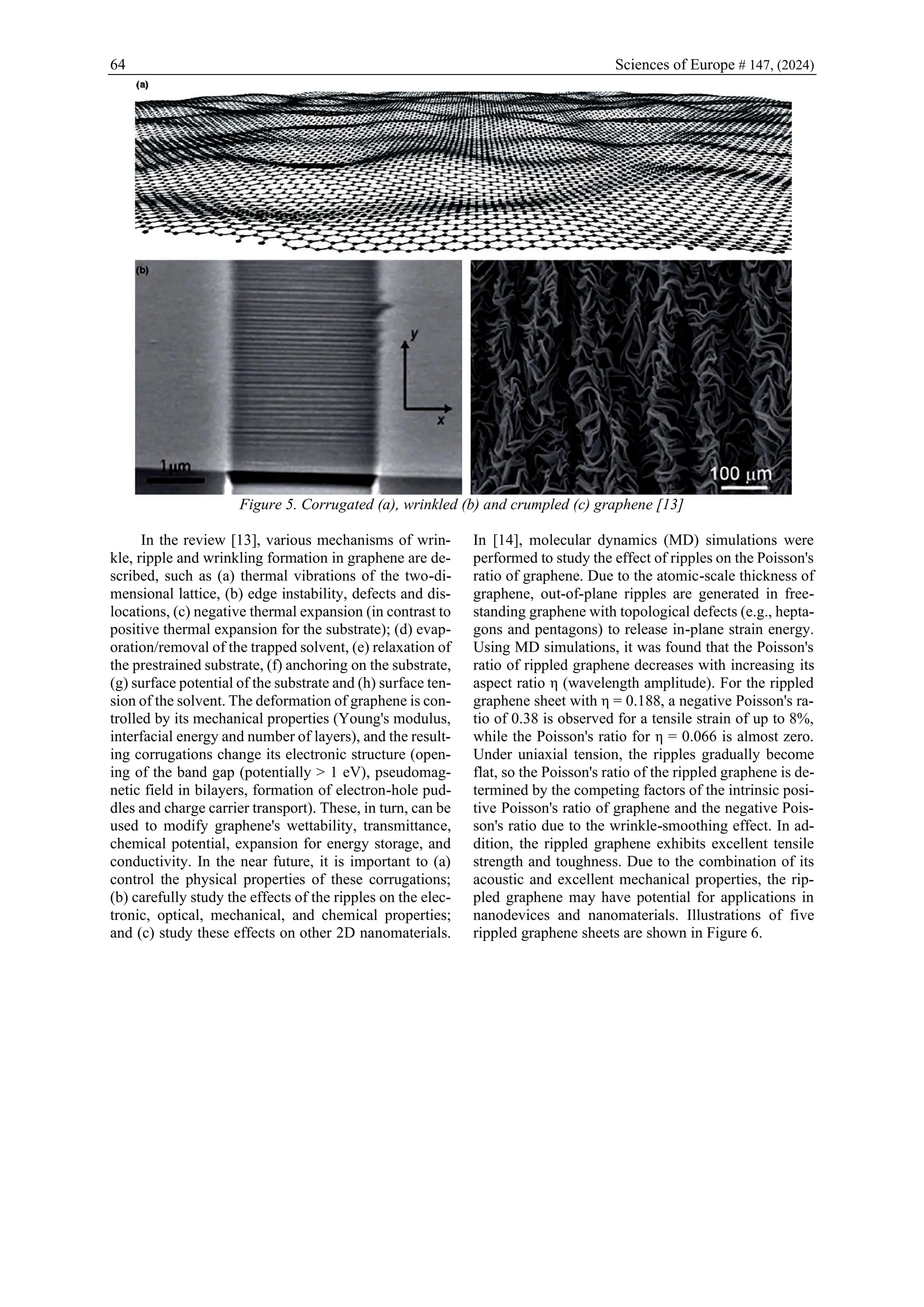 64 Sciences of Europe # 147, (2024)
Figure 5. Corrugated (a), wrinkled (b) and crumpled (c) graphene [13]
In the review [13], various mechanisms of wrin-
kle, ripple and wrinkling formation in graphene are de-
scribed, such as (a) thermal vibrations of the two-di-
mensional lattice, (b) edge instability, defects and dis-
locations, (c) negative thermal expansion (in contrast to
positive thermal expansion for the substrate); (d) evap-
oration/removal of the trapped solvent, (e) relaxation of
the prestrained substrate, (f) anchoring on the substrate,
(g) surface potential of the substrate and (h) surface ten-
sion of the solvent. The deformation of graphene is con-
trolled by its mechanical properties (Young's modulus,
interfacial energy and number of layers), and the result-
ing corrugations change its electronic structure (open-
ing of the band gap (potentially > 1 eV), pseudomag-
netic field in bilayers, formation of electron-hole pud-
dles and charge carrier transport). These, in turn, can be
used to modify graphene's wettability, transmittance,
chemical potential, expansion for energy storage, and
conductivity. In the near future, it is important to (a)
control the physical properties of these corrugations;
(b) carefully study the effects of the ripples on the elec-
tronic, optical, mechanical, and chemical properties;
and (c) study these effects on other 2D nanomaterials.
In [14], molecular dynamics (MD) simulations were
performed to study the effect of ripples on the Poisson's
ratio of graphene. Due to the atomic-scale thickness of
graphene, out-of-plane ripples are generated in free-
standing graphene with topological defects (e.g., hepta-
gons and pentagons) to release in-plane strain energy.
Using MD simulations, it was found that the Poisson's
ratio of rippled graphene decreases with increasing its
aspect ratio η (wavelength amplitude). For the rippled
graphene sheet with η = 0.188, a negative Poisson's ra-
tio of 0.38 is observed for a tensile strain of up to 8%,
while the Poisson's ratio for η = 0.066 is almost zero.
Under uniaxial tension, the ripples gradually become
flat, so the Poisson's ratio of the rippled graphene is de-
termined by the competing factors of the intrinsic posi-
tive Poisson's ratio of graphene and the negative Pois-
son's ratio due to the wrinkle-smoothing effect. In ad-
dition, the rippled graphene exhibits excellent tensile
strength and toughness. Due to the combination of its
acoustic and excellent mechanical properties, the rip-
pled graphene may have potential for applications in
nanodevices and nanomaterials. Illustrations of five
rippled graphene sheets are shown in Figure 6.
 