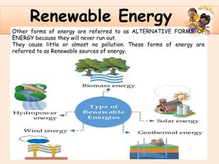 .
Renewable Energy
Other forms of energy are referred to as ALTERNATIVE FORMS OF
ENERGY because they will never run out.
They cause little or almost no pollution. These forms of energy are
referred to as Renewable sources of energy.
 