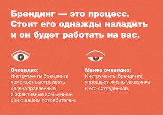 Брендинг — это процесс.
Стоит его однажды наладить
и он будет работать на вас.
Очевидно:
Инструменты брендинга
помогают выстраивать
целенаправленные
и эфективные коммуника-
ции с вашим потребителем.
Менее очевидно:
Инструменты брендинга
упрощают жизнь заказчика
и его сотрудников.
 