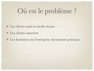 Où est le problème ?
Les clients sont en mode réseau
Les clients innovent
Les frontières de l’entreprise deviennent poreuses
 