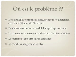 Où est le problème ??
Des nouvelles entreprises concurrencent les anciennes,
avec les méthodes de l’Internet
Des nouveaux business model disruptif apparaissent
Le management reste en mode «contrôle hiérarchique»
La méﬁance l’emporte sur la conﬁance
Le middle management souﬀre
 