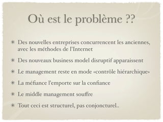 Où est le problème ??
Des nouvelles entreprises concurrencent les anciennes,
avec les méthodes de l’Internet
Des nouveaux business model disruptif apparaissent
Le management reste en mode «contrôle hiérarchique»
La méﬁance l’emporte sur la conﬁance
Le middle management souﬀre
Tout ceci est structurel, pas conjoncturel..
 