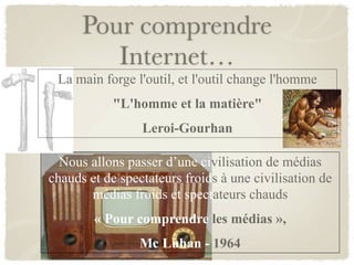 Pour comprendre
         Internet…
 La main forge l'outil, et l'outil change l'homme
            "L'homme et la matière"
                 Leroi-Gourhan

  Nous allons passer d’une civilisation de médias
chauds et de spectateurs froids à une civilisation de
       médias froids et spectateurs chauds
        « Pour comprendre les médias »,
                 Mc Luhan - 1964
 