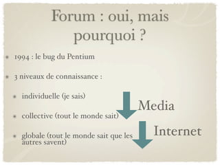 Forum : oui, mais
               pourquoi ?
1994 : le bug du Pentium

3 niveaux de connaissance :

  individuelle (je sais)
                                        Media
  collective (tout le monde sait)

  globale (tout le monde sait que les     Internet
  autres savent)
 