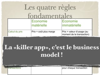 Les quatre règles
                   fondamentales
                     Economie                     Economie
                     matérielle                   immatérielle
 Calcul du prix      Prix = coût plus marge       Prix = valeur d’usage (au
                                                  moment de la transaction)


 Répartition de la   Relation directe vendeur -   Eco systèmes de
 valeur              acheteur                     partenaires
La «killer app», c’est le business
 payeur      model !
 Détermination du    Le consommateur est le
                     seul payeur
                                                  Le paiement est réparti
                                                  dans l'éco système


 Fréquence des       Global fin de mois           La calcul de la valeur est fait
 transactions                                     pour chaque transaction
 