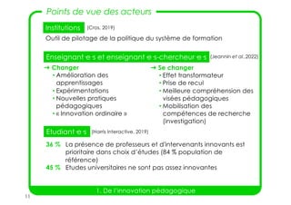 11
Points de vue des acteurs
1. De l’innovation pédagogique
➜ Changer
• Amélioration des
apprentissages
• Expérimentations
• Nouvelles pratiques
pédagogiques
• « Innovation ordinaire »
36 % La présence de professeurs et d'intervenants innovants est
prioritaire dans choix d’études (84 % population de
référence)
45 % Etudes universitaires ne sont pas assez innovantes
(Harris Interactive, 2019)
➜ Se changer
• Effet transformateur
• Prise de recul
• Meilleure compréhension des
visées pédagogiques
• Mobilisation des
compétences de recherche
(investigation)
Etudiant·e·s
Enseignant·e·s et enseignant·e·s-chercheur·e·s
Outil de pilotage de la politique du système de formation
Institutions
(Jeannin et al.,2022)
(Cros, 2019)
 