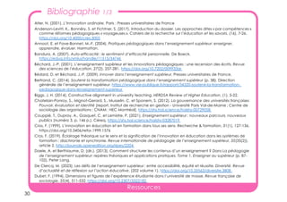 30
Ressources
Alter, N. (2001). L’Innovation ordinaire. Paris : Presses universitaires de France
Anderson-Levitt, K., Bonnéry, S. et Fichtner, S. (2017). Introduction du dossier. Les approches dites « par compétences »
comme réformes pédagogiques « voyageuses ». Cahiers de la recherche sur l’éducation et les savoirs, (16), 7-26.
https://doi.org/10.4000/cres.3005
Annoot, E. et Fave-Bonnet, M.-F. (2004). Pratiques pédagogiques dans l’enseignement supérieur: enseigner,
apprendre, évaluer. Harmattan.
Bandura, A. (2007). Auto-efficacité : le sentiment d’efficacité personnelle. De Boeck.
https://eduq.info/xmlui/handle/11515/34746
Béchard, J.-P. (2001). L’enseignement supérieur et les innovations pédagogiques : une recension des écrits. Revue
des sciences de l’éducation, 27(2), 257-281. https://doi.org/10.7202/009933ar
Bédard, D. et Béchard, J.-P. (2009). Innover dans l’enseignement supérieur. Presses universitaires de France.
Bertrand, C. (2014). Soutenir la transformation pédagogique dans l’enseignement supérieur (p. 38). Direction
générale de l’enseignement supérieur. https://www.vie-publique.fr/rapport/34320-soutenir-la-transformation-
pedagogique-dans-lenseignement-superieur
Biggs, J. H. (2014). Constructive alignment in university teaching. HERDSA Review of Higher Education, (1), 5-22.
Chatelain-Ponroy, S., Mignot-Gerard, S., Musselin, C. et Sponem, S. (2012). La gouvernance des universités françaises
Pouvoir, évaluation et identité [report, Institut de recherche en gestion - Université Paris Val-de-Marne ; Centre de
sociologie des organisations ; CNAM ; HEC Montréal]. https://shs.hal.science/halshs-00729058
Couppié, T., Dupray, A., Gasquet, C. et Lemistre, P. (2021). Enseignement supérieur : nouveaux parcours, nouveaux
publics (numéro 3, p. 146 p.). Céreq. https://shs.hal.science/halshs-03287019
Cros, F. (1999). L’innovation en éducation et en formation dans tous ses sens. Recherche & formation, 31(1), 127-136.
https://doi.org/10.3406/refor.1999.1576
Cros, F. (2019). Éclairage théorique sur le sens et la signification de l’innovation en éducation dans les systèmes de
formation : diachronie et synchronie. Revue internationale de pédagogie de l’enseignement supérieur, 35(35(2)),
article 2. http://journals.openedition.org/ripes/2204
Daele, A. et Berthiaume, D. (dir.). (2013). Comment structurer les contenus d’un enseignement ? Dans La pédagogie
de l’enseignement supérieur: repères théoriques et applications pratiques. Tome 1, Enseigner au supérieur (p. 87-
102). Peter Lang.
De Clercq, M. (2023). Les défis de l’enseignement supérieur : entre accessibilité, équité et réussite. Diversité. Revue
d’actualité et de réflexion sur l’action éducative, (202 volume 1). https://doi.org/10.35562/diversite.3808
Dubet, F. (1994). Dimensions et figures de l’expérience étudiante dans l’université de masse. Revue française de
sociologie, 35(4), 511-532. https://doi.org/10.2307/3322182
Bibliographie 1/3
 