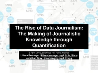 The Rise of Data Journalism:
The Making of Journalistic
Knowledge through
Quantiﬁcation
5 April 2016,Sciences Po, Paris, France
Liliana Bounegru | lilianabounegru.org | @bb_liliana
Jonathan Gray | jonathangray.org | @jwyg
 