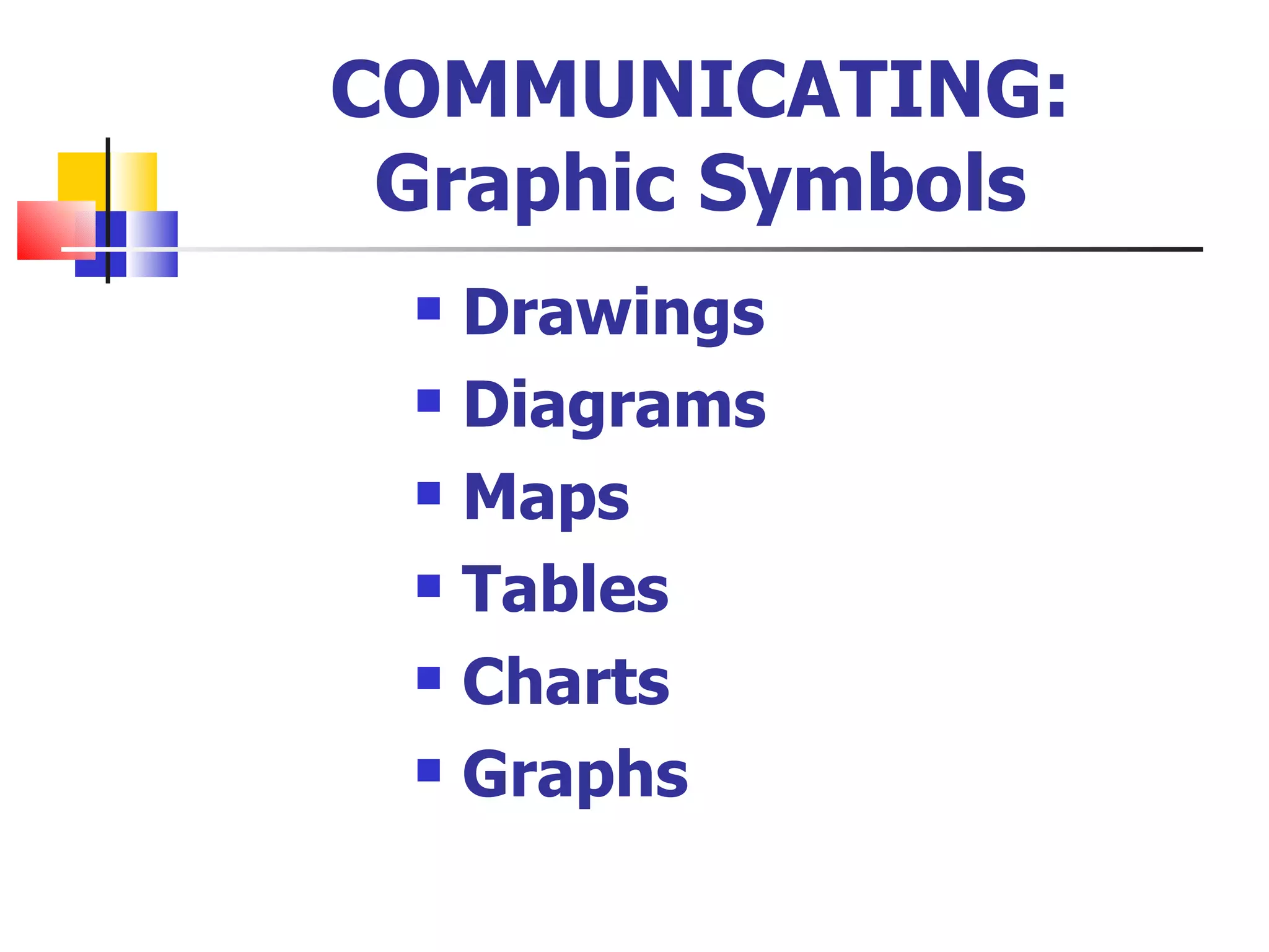COMMUNICATING: Graphic Symbols Drawings Diagrams Maps Tables Charts Graphs 