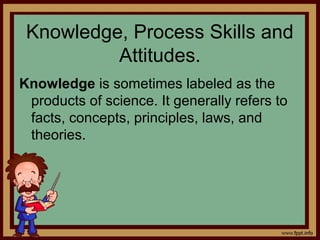 Knowledge, Process Skills and
Attitudes.
Knowledge is sometimes labeled as the
products of science. It generally refers to...