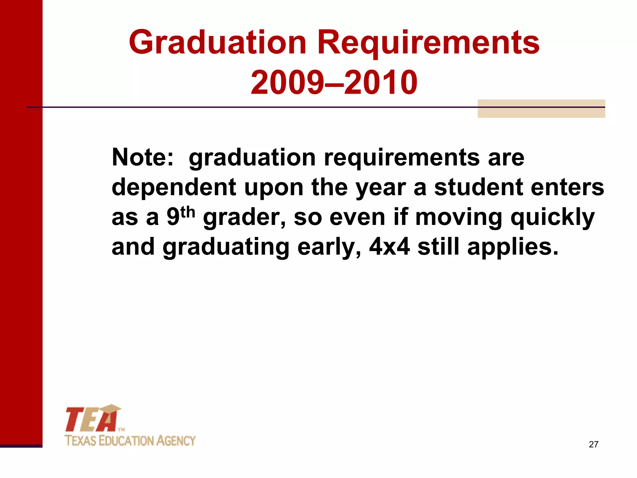 Graduation Requirements
       2009–2010

Note: graduation requirements are
dependent upon the year a student enters
as a 9th grader, so even if moving quickly
and graduating early, 4x4 still applies.




                                        27
 