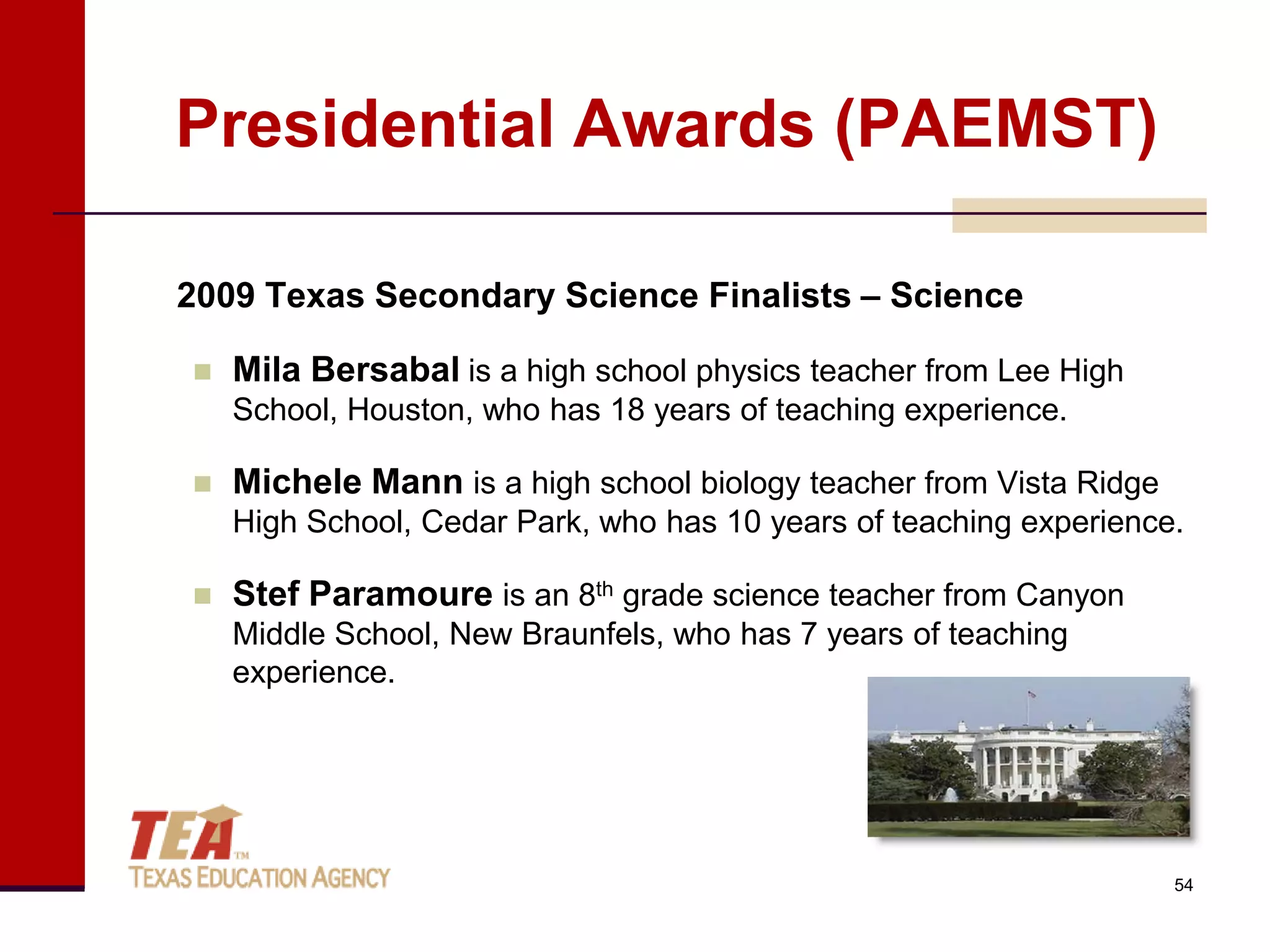 Presidential Awards (PAEMST)

2009 Texas Secondary Science Finalists – Science

   Mila Bersabal is a high school physics teacher from Lee High
    School, Houston, who has 18 years of teaching experience.

   Michele Mann is a high school biology teacher from Vista Ridge
    High School, Cedar Park, who has 10 years of teaching experience.

   Stef Paramoure is an 8th grade science teacher from Canyon
    Middle School, New Braunfels, who has 7 years of teaching
    experience.




                                                                     54
 