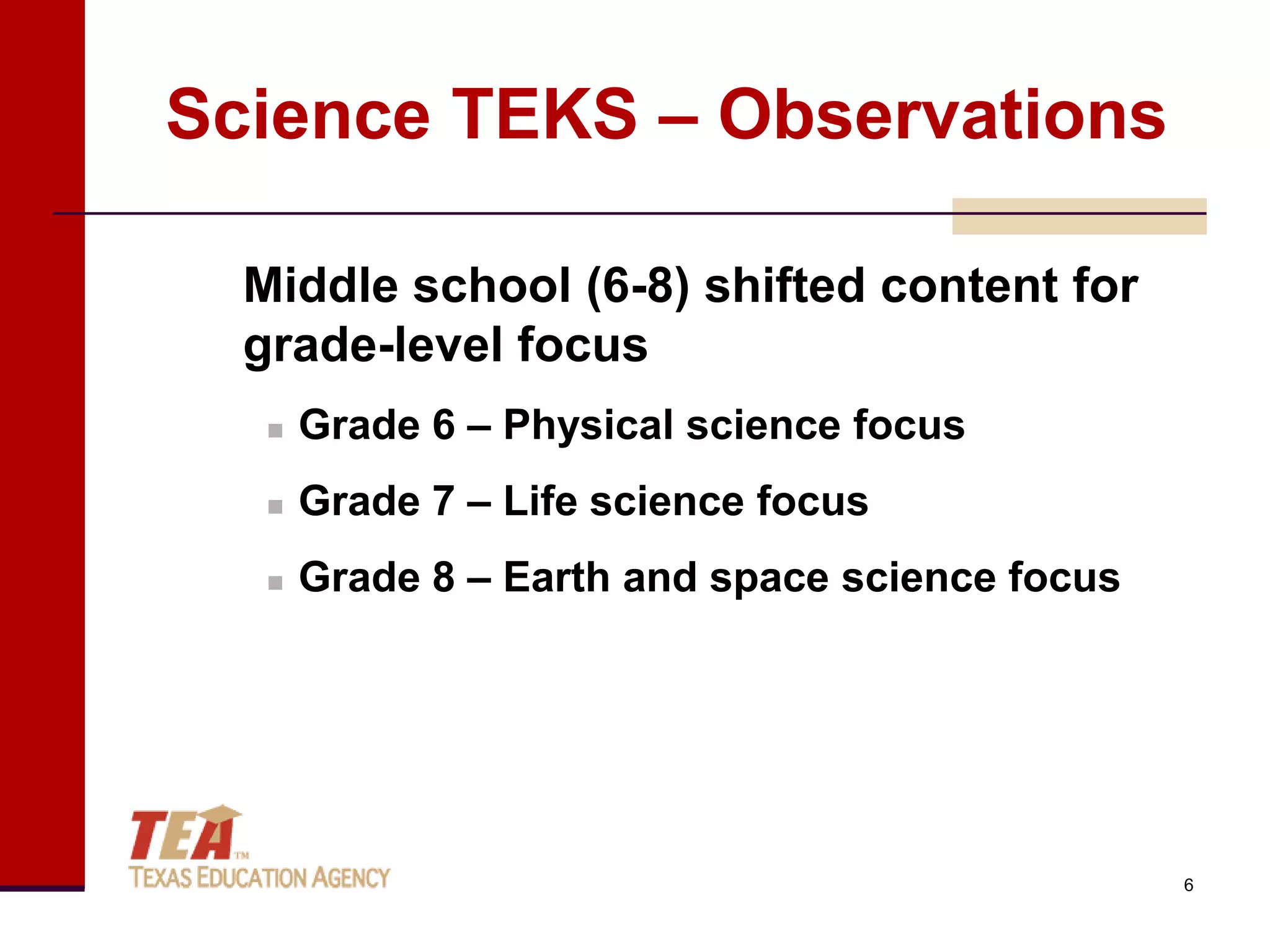 Science TEKS – Observations

  Middle school (6-8) shifted content for
  grade-level focus
      Grade 6 – Physical science focus
      Grade 7 – Life science focus
      Grade 8 – Earth and space science focus




                                                 6
 
