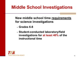 Middle School Investigations

 New middle school time requirements
 for science investigations
     Grades 6-8
     Student-conducted laboratory/field
      investigations for at least 40% of the
      instructional time




                                               10
 