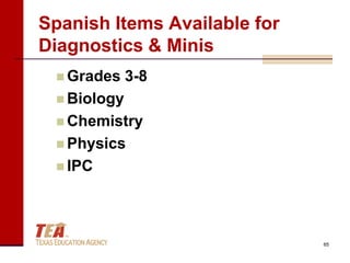 Spanish Items Available for
Diagnostics & Minis
  Grades    3-8
  Biology
  Chemistry
  Physics
  IPC




                              65
 