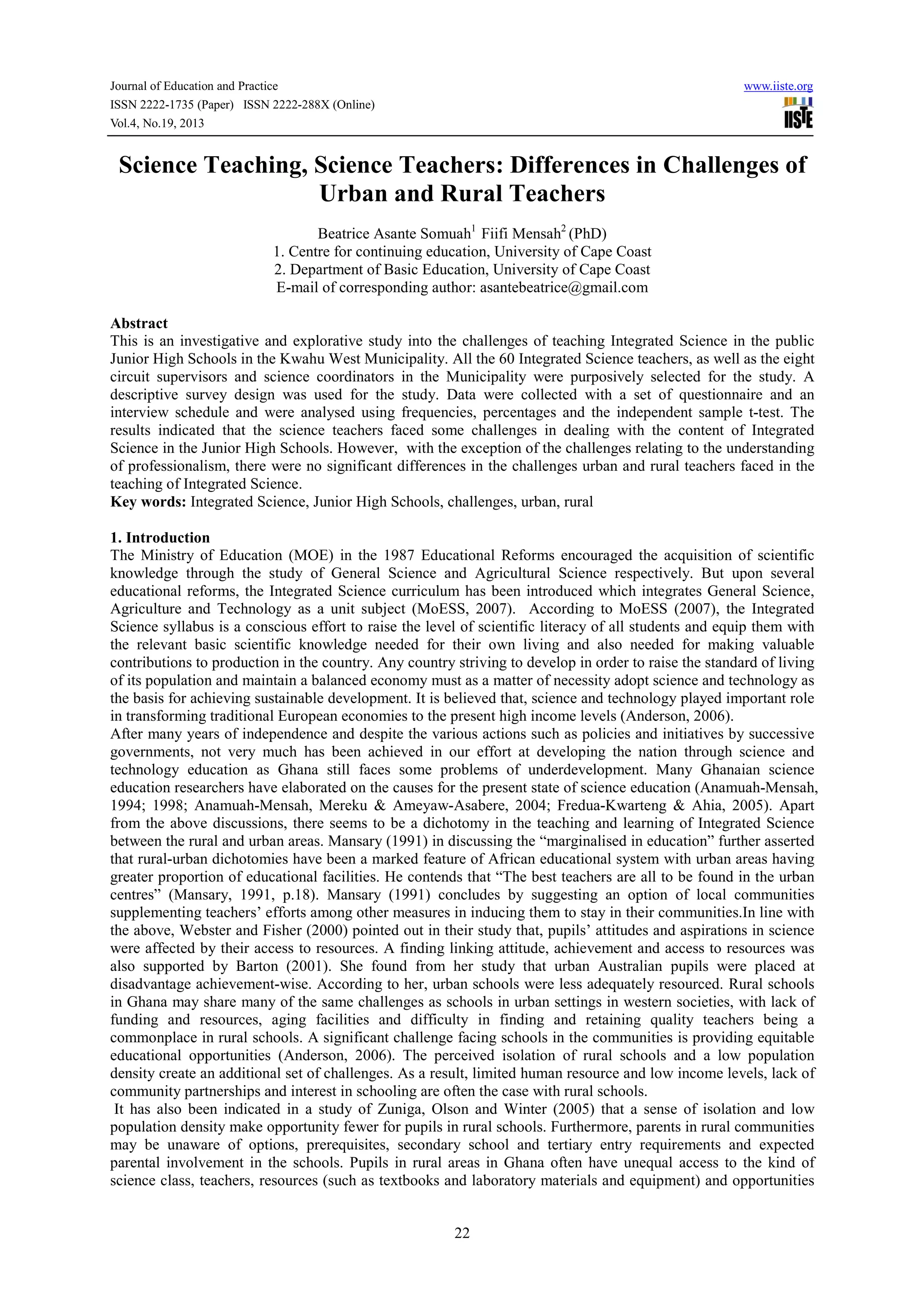 Science teaching, science teachers differences in challenges of urban ...