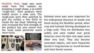 Neolithic Tools: large axes were
made from flint nodules by
knapping a rough shape, a so-called
"rough-out". Such products were
traded across a wide area. The
rough-outs were then polished to
give the surface a fine finish to
create the axe head. Polishing not
only increased the final strength of
the product but also meant that
the head could penetrate wood
more easily.
Polished stone axes were important for
the widespread clearance of woods and
forest during the Neolithic period, when
crop and livestock farming developed on
a large scale. They are distributed very
widely and were traded over great
distances since the best rock types were
often very local. They also became
venerated objects, and were frequently
buried in long barrows or round barrows
with their former owners.
 