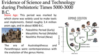 Evidence of Science and Technology
during Prehistoric Times 5000-3000
B.C.
Stone Age: This period was marked by
which stone was widely used to make tools
and implements. Dated roughly 3.4 million
years ago, and in about 8000 B.C.
• Paleolithic Period (Early)
• Mesolithic Period (Middle)
• Neolithic Period (New)
The era of Australopithecus and
Paranthropus were contemporaneous with
the evolution of the genus Homo.
 