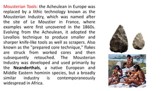 Mousterian Tools: the Acheulean in Europe was
replaced by a lithic technology known as the
Mousterian Industry, which was named after
the site of Le Moustier in France, where
examples were first uncovered in the 1860s.
Evolving from the Acheulean, it adopted the
Levallois technique to produce smaller and
sharper knife-like tools as well as scrapers. Also
known as the "prepared core technique," flakes
are struck from worked cores and then
subsequently retouched. The Mousterian
Industry was developed and used primarily by
the Neanderthals, a native European and
Middle Eastern hominin species, but a broadly
similar industry is contemporaneously
widespread in Africa.
 